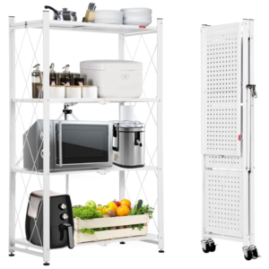 4-Shelf Foldable Storage Shelves with Wheels, Large Capacity Shelving Unit, Freestanding Metal Wire Shelf Rack