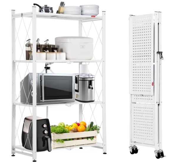4-Shelf Foldable Storage Shelves with Wheels, Large Capacity Shelving Unit, Freestanding Metal Wire Shelf Rack