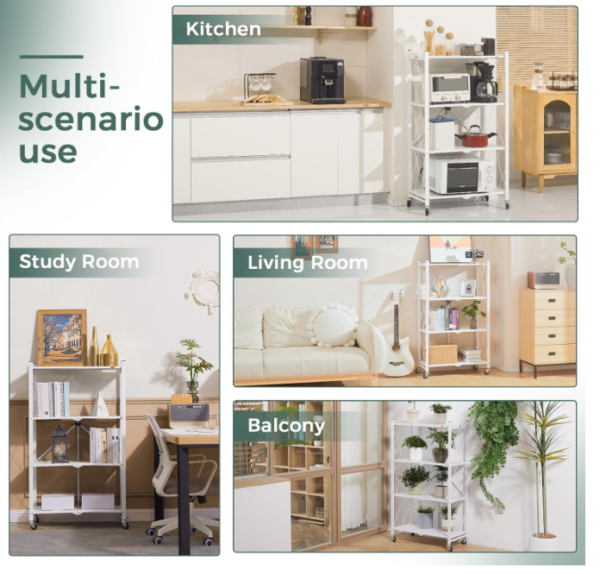 4-Shelf Foldable Storage Shelves with Wheels, Large Capacity Shelving Unit, Freestanding Metal Wire Shelf Rack - Image 3