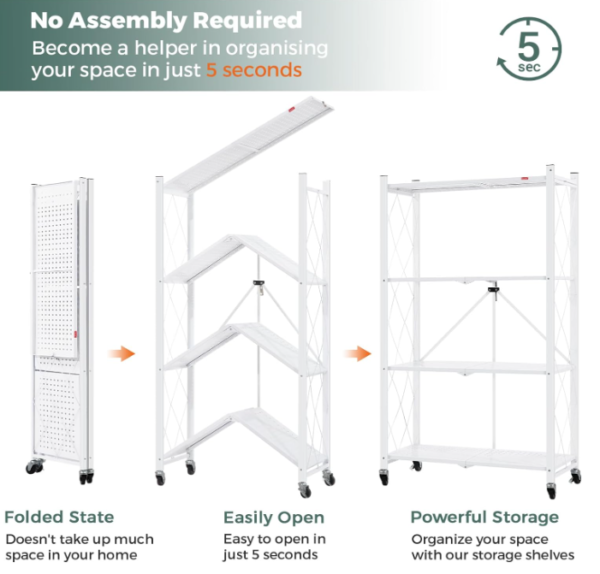 4-Shelf Foldable Storage Shelves with Wheels, Large Capacity Shelving Unit, Freestanding Metal Wire Shelf Rack - Image 4